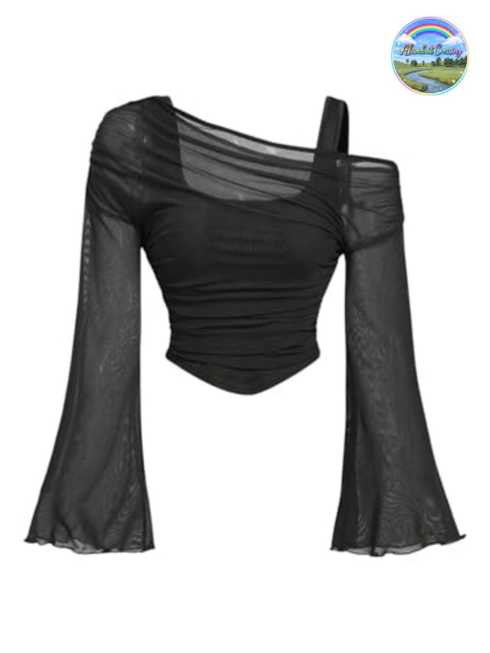 Women's Off Shoulder Mesh Crop Top Bell Sleeve Ruched Clubwear